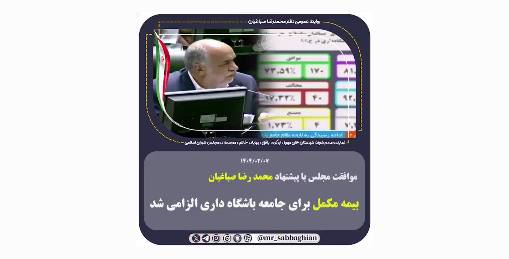 موافقت مجلس با پیشنهاد محمد رضا صباغیان پیرامون لایحه نظام جامع باشگاه‌داری