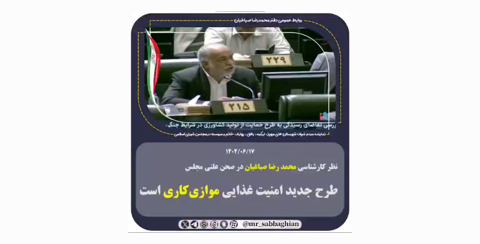صباغیان در صحن علنی مجلس طرح جدید امنیت غذایی موازی‌کاری است
