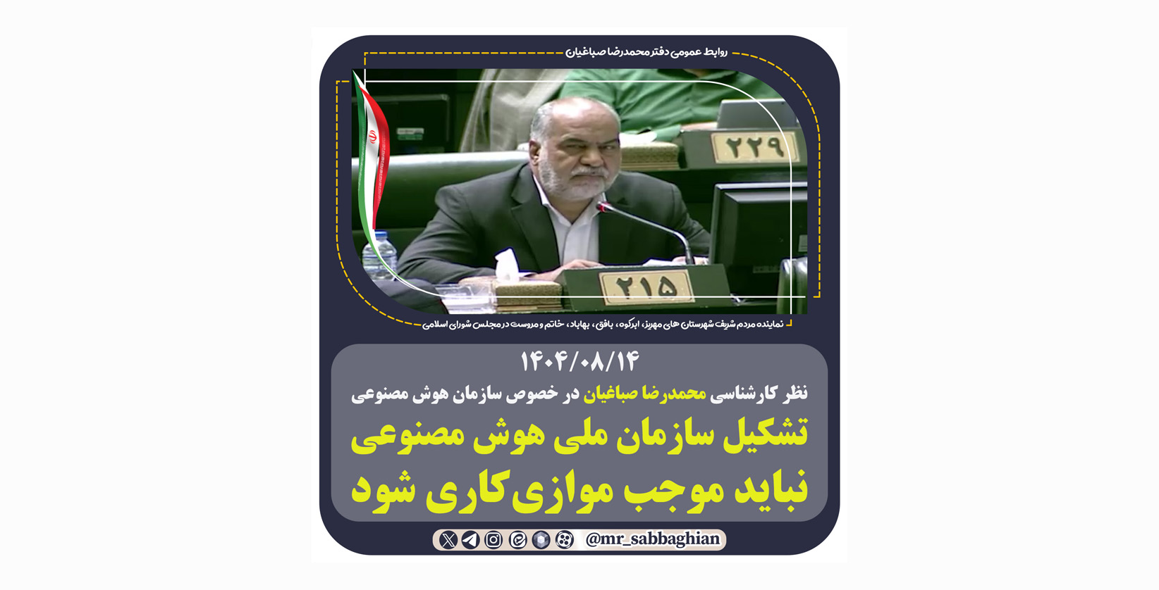 نظر کارشناسی محمدرضا صباغیان در خصوص سازمان هوش مصنوعی